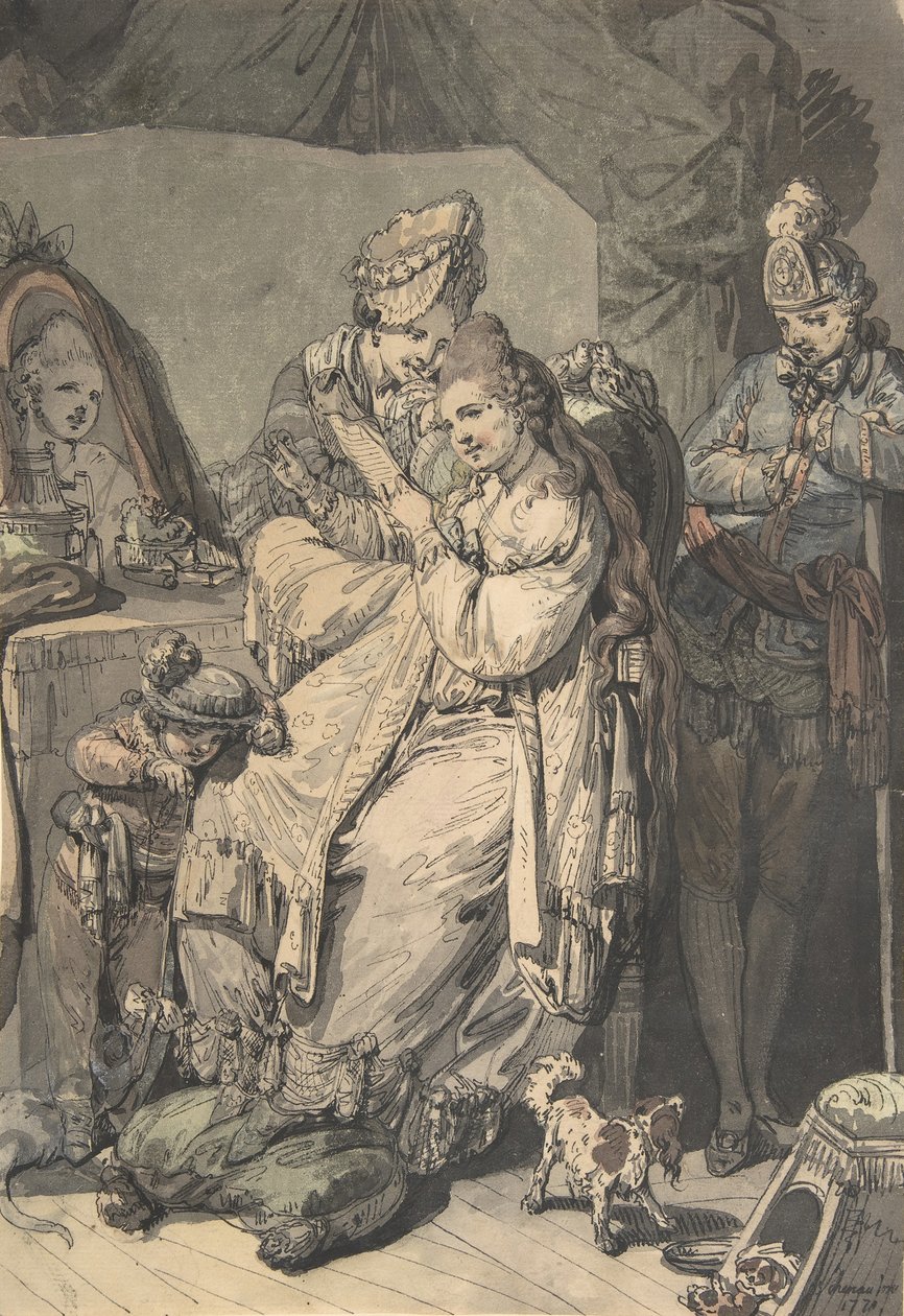 Una Mujer en su Tocador con una Criada, un Niño, un Perro y un Joven Soldado, reverso: Un Boceto, 1770 de Johann Eleazar Schenau