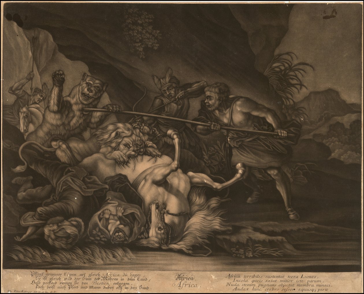 Ca. 1770 mezzotinta alegórica de África de Johann Elias Ridinger