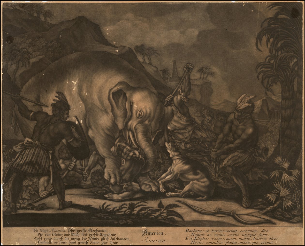Ca. 1770 mezzotinta alegórica de América de Johann Elias Ridinger