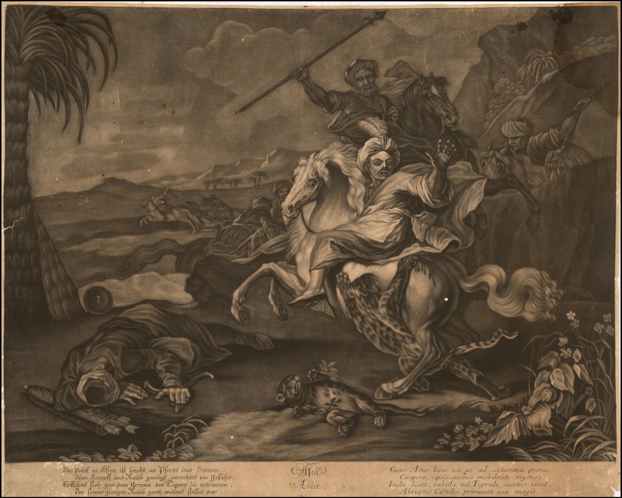 Ca. 1770 mezzotinta alegórica de Asia de Johann Elias Ridinger