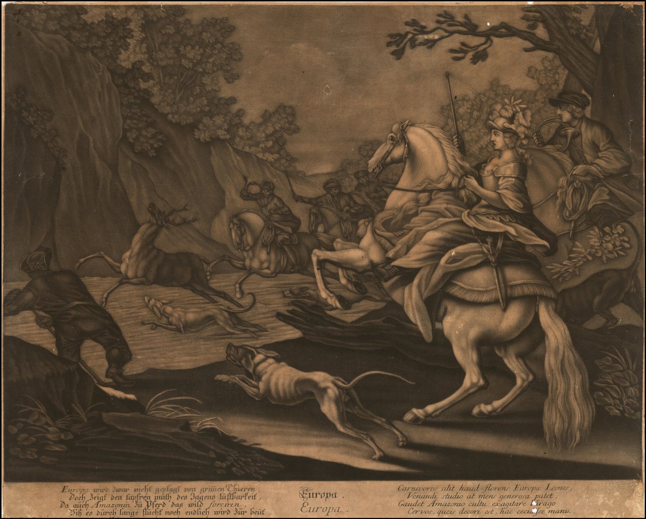Ca. 1770 mezzotinta alegórica de Europa de Johann Elias Ridinger