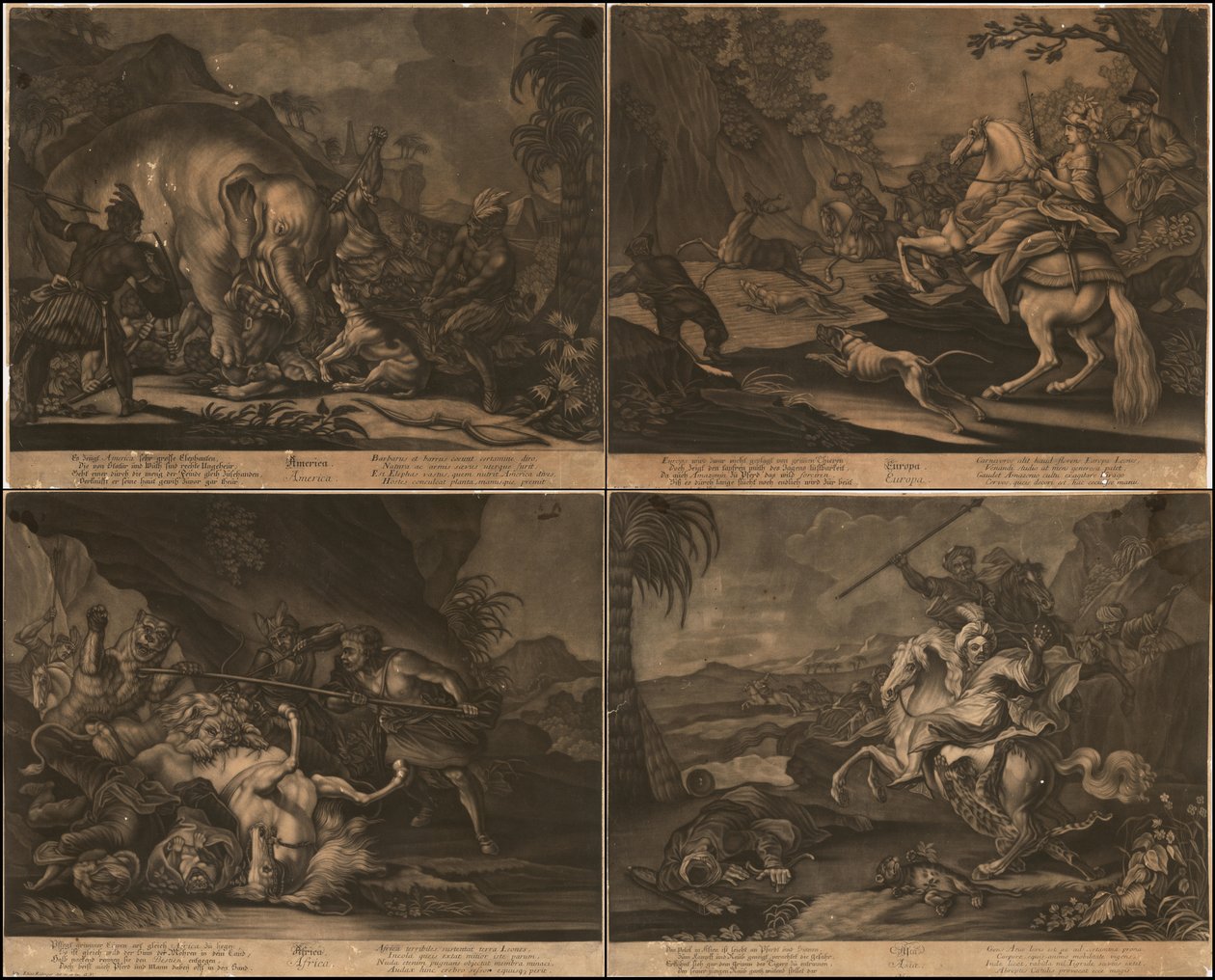 Ca. 1770 mezzotintas alegóricas de África, Asia, América y Europa en una página de Johann Elias Ridinger