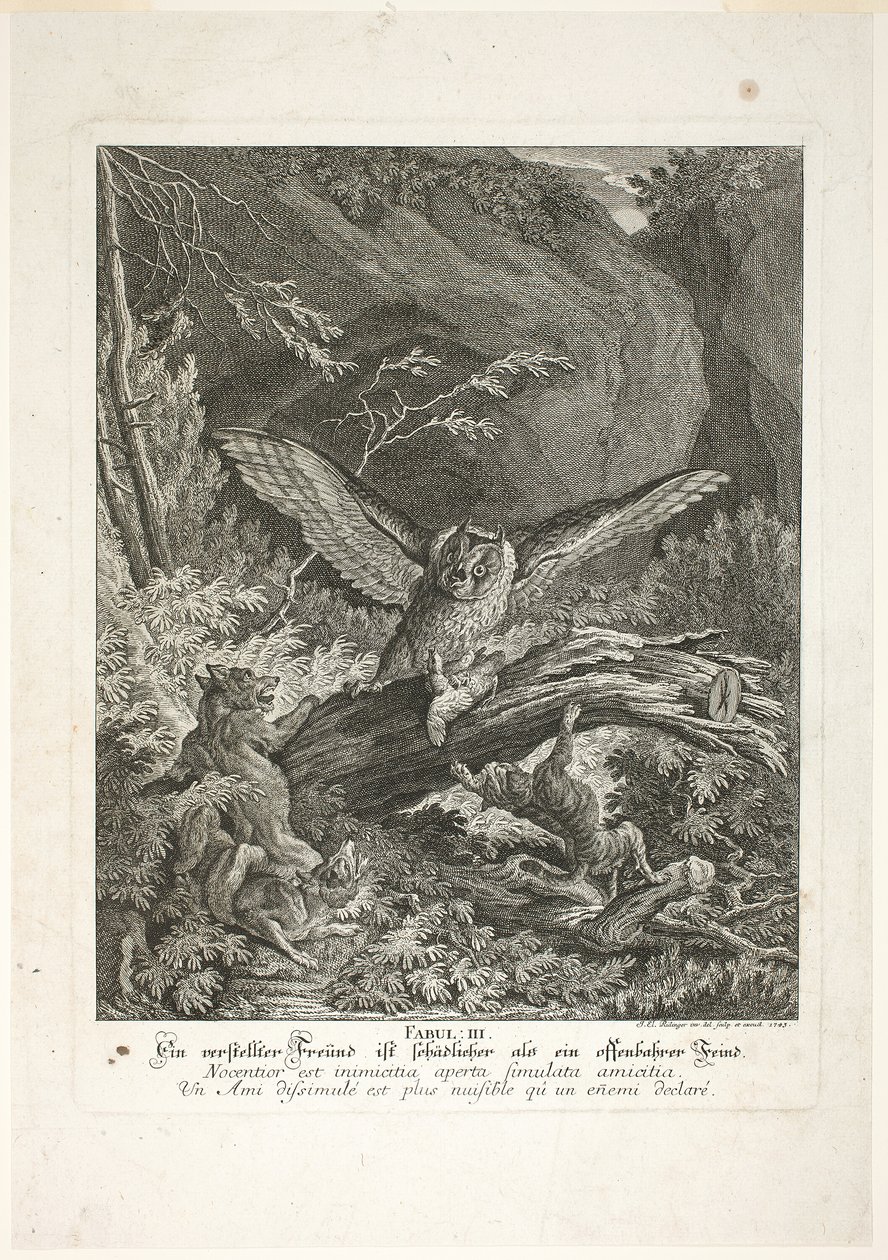Fábula III, placa tres de Lehrreiche Fabeln aus dem Reiche der Theire de Johann Elias Ridinger