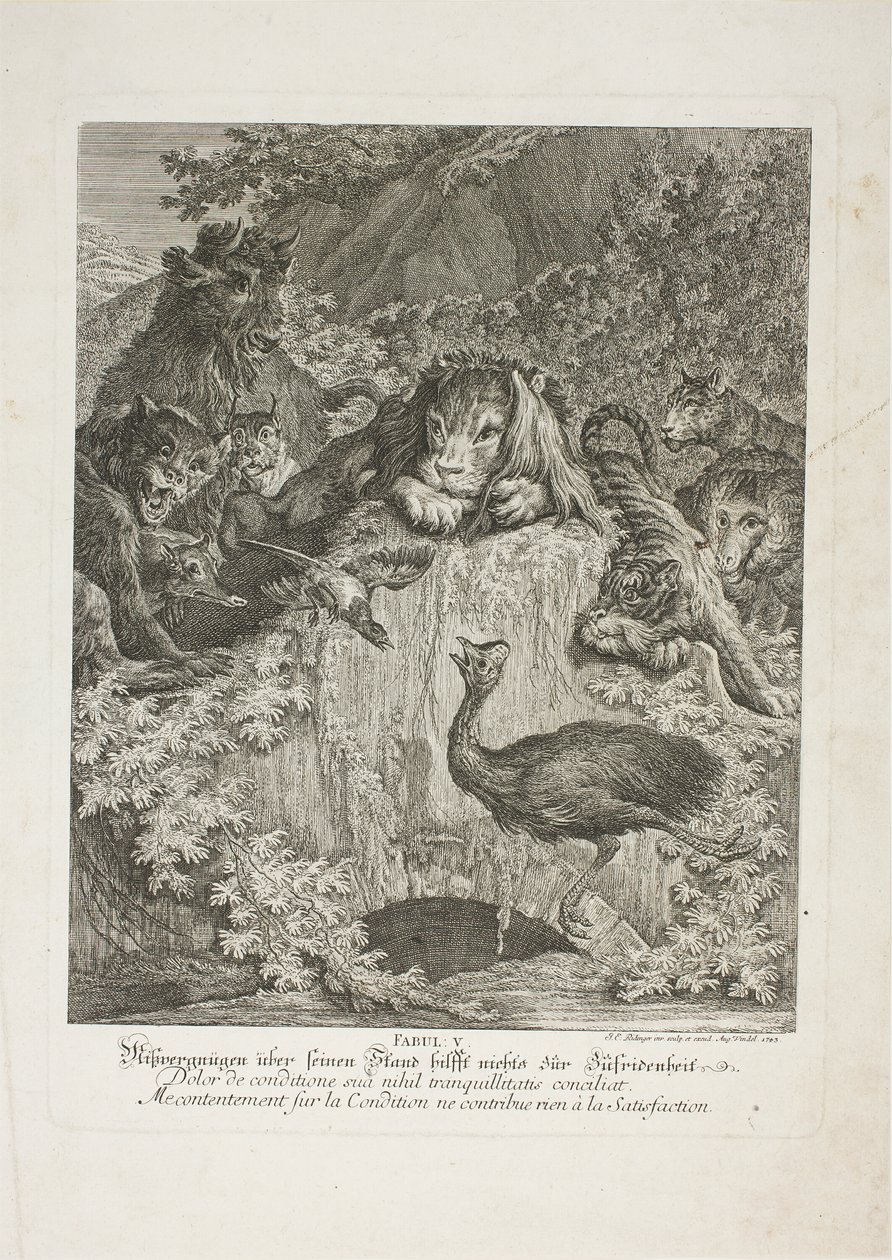Fábula V, placa cinco de Lehrreiche Fabeln aus dem Reiche der Theire de Johann Elias Ridinger