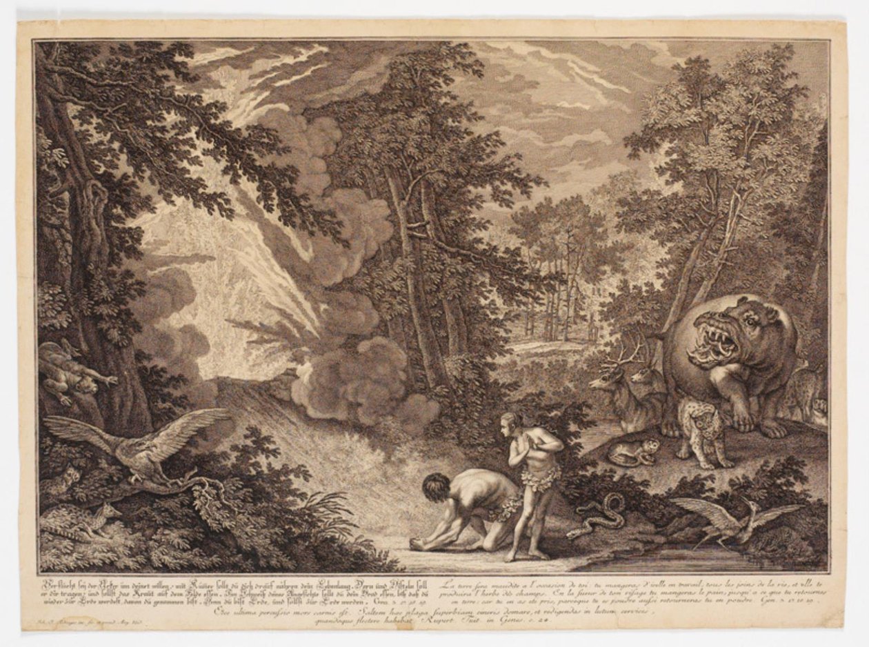 Dios descubre que Adán y Eva han comido del árbol de Johann Elias Ridinger