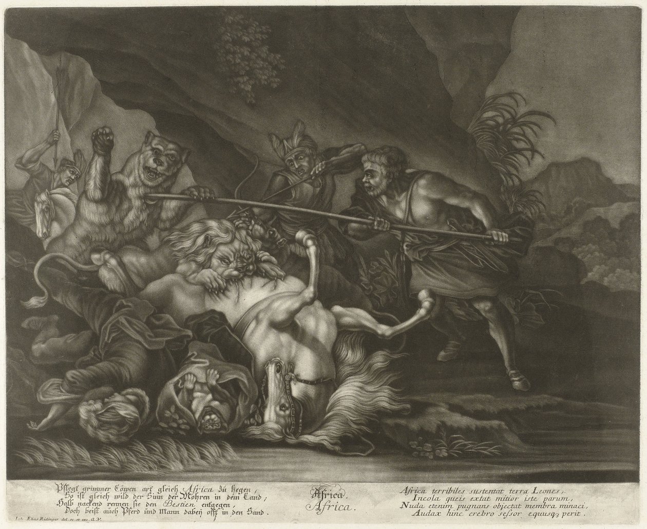Caza de leones y osos África (título sobre objeto) de Johann Elias Ridinger