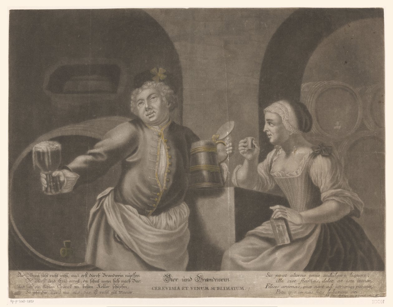 Hombre y mujer bebiendo cerveza y brandy
Bier und Brandewein / Cerevisia et vinum sublimatum de Johann Elias Ridinger
