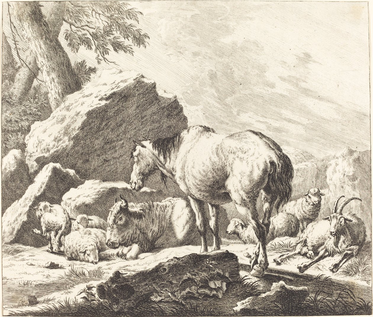 Un Caballo, Búfalo, Oveja y Cabra en un Paisaje Italiano de Johann Elias Ridinger after Johann Heinrich Roos