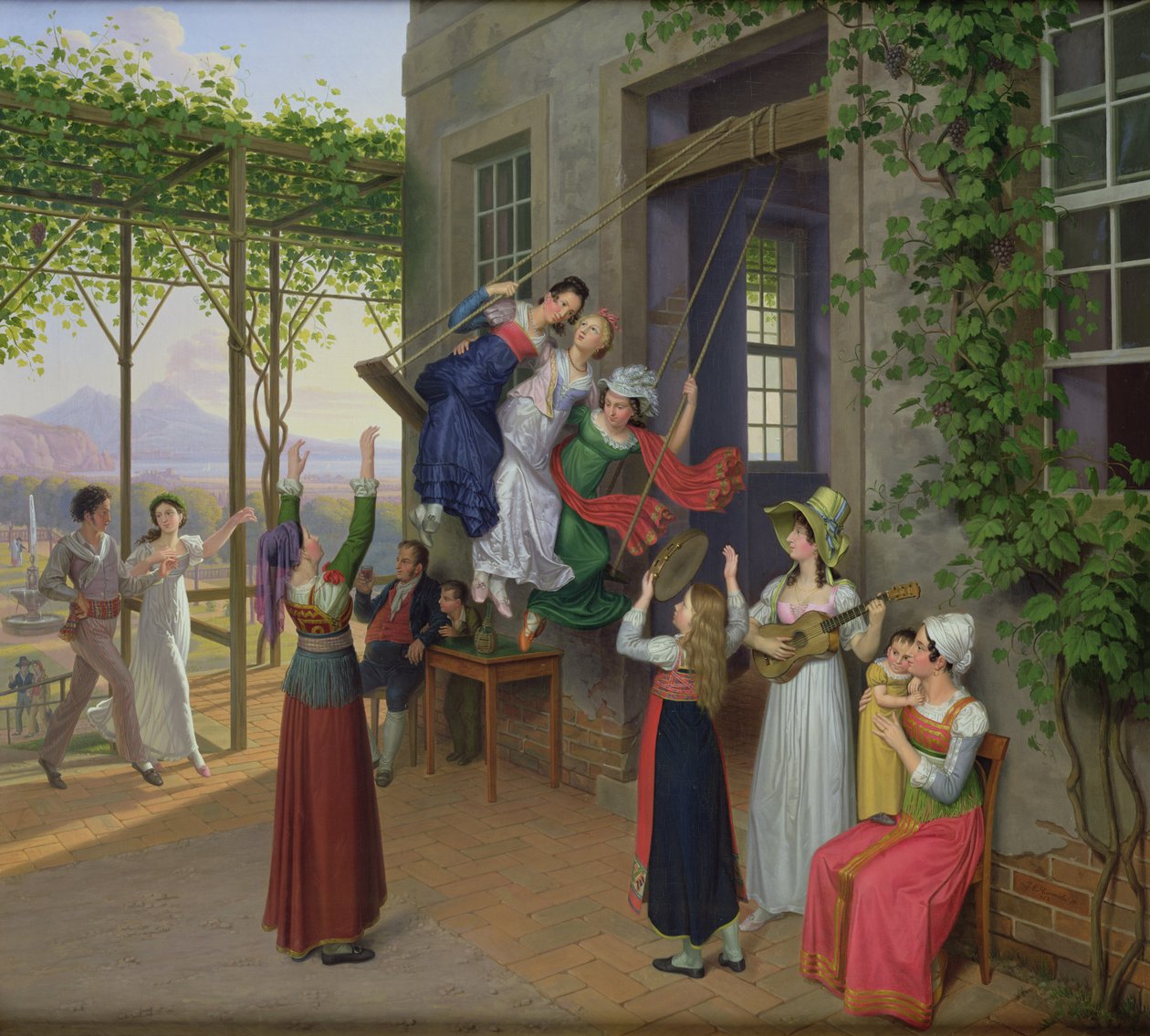 Jóvenes jugando en un columpio en un jardín cerca de Nápoles, 1823 de Johann Erdmann Hummel