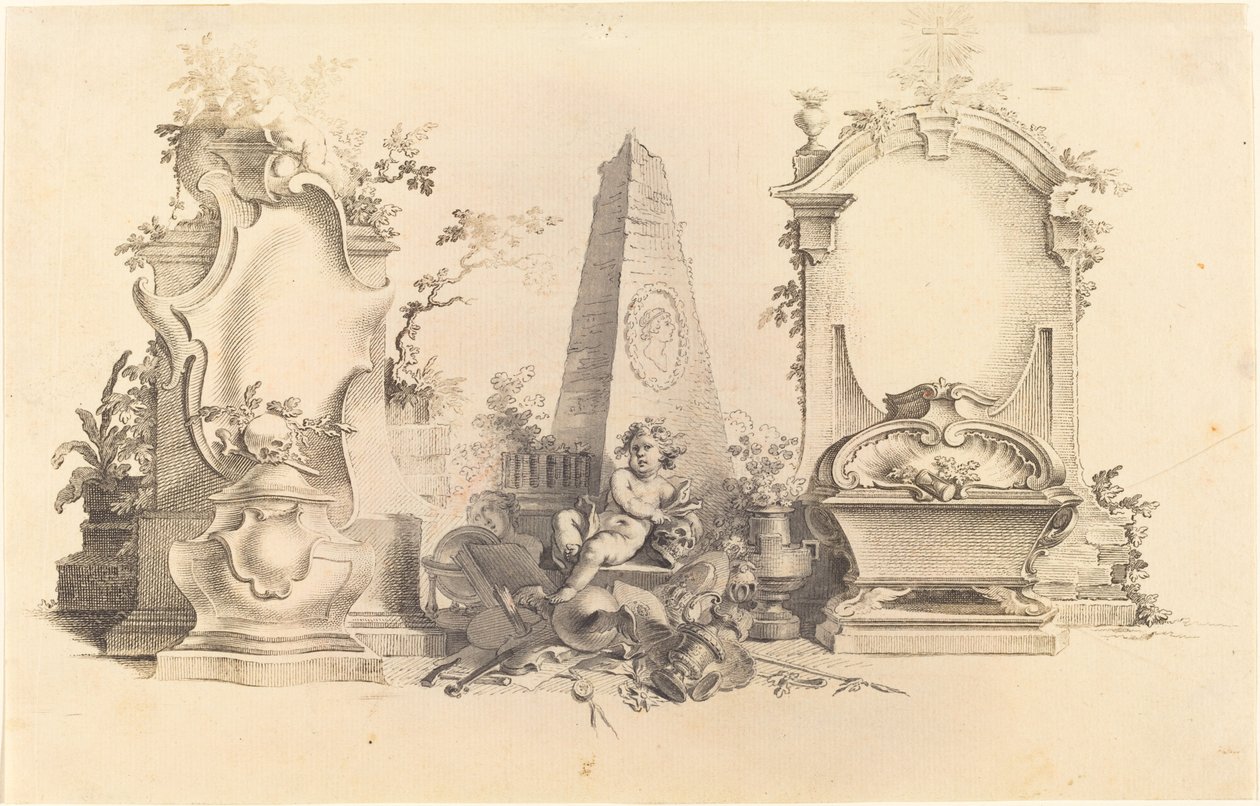 Cartucho moderno con emblemas de la muerte de Johann Esaias Nilson