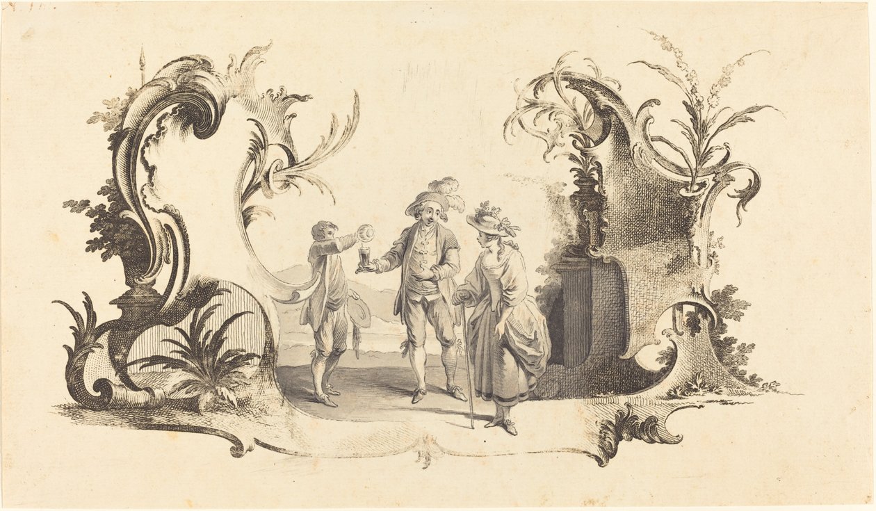 Cartucho moderno con una pareja joven siendo servida con vino de Johann Esaias Nilson