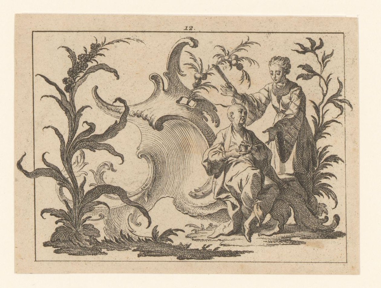 Chino con taza y plato sentado en un adorno rococó, junto a él hay una mujer con abanico Fumadores en adorno rococó (título de la serie) de Johann Esaias Nilson