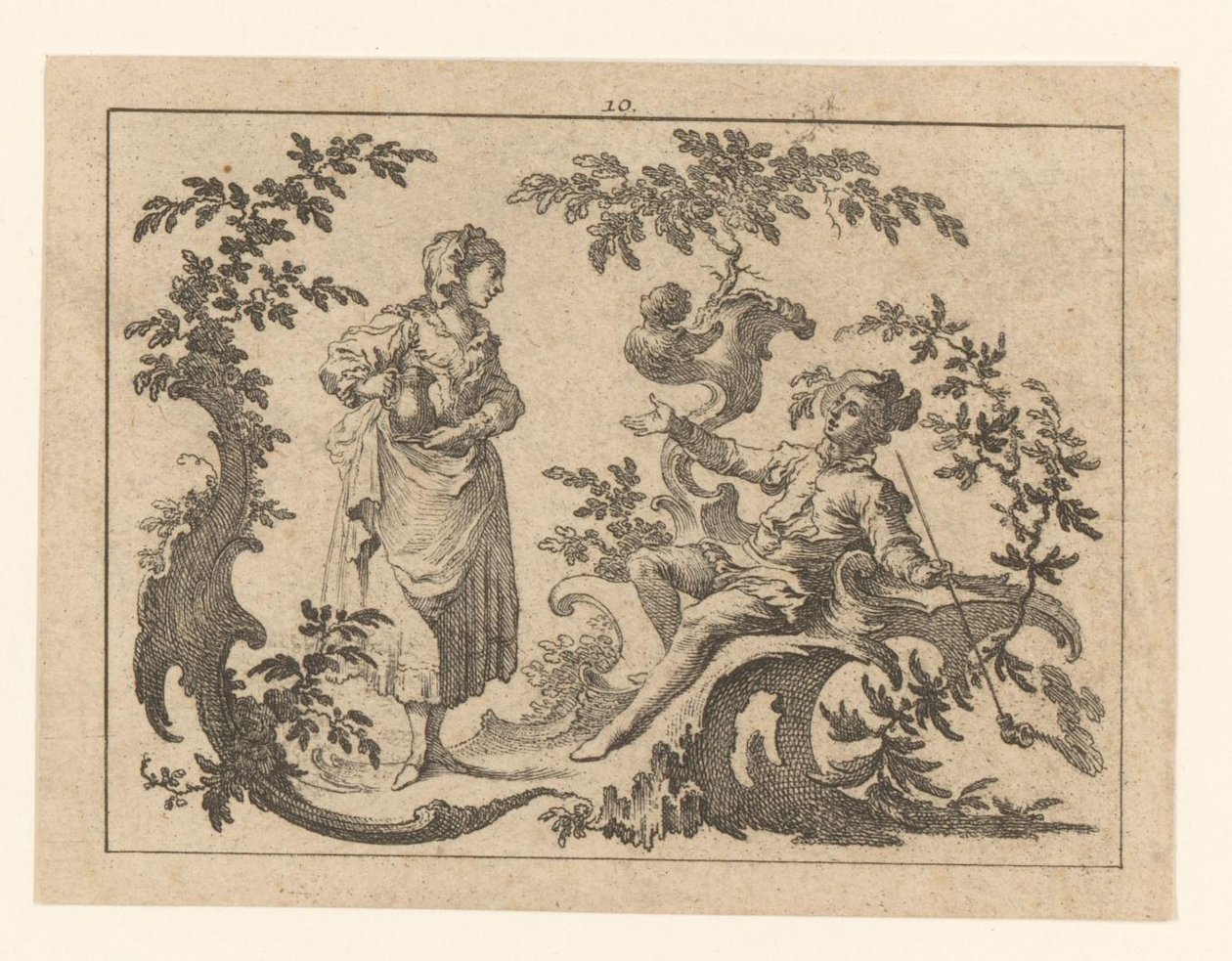Hombre sentado fumando pipa, junto a él una mujer de pie con una jarra en un adorno rococó Fumadores en adorno rococó (título de la serie) de Johann Esaias Nilson