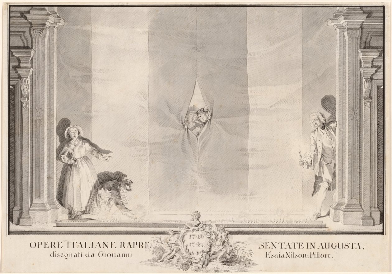 Dos Actores Espiando a Través de una Cortina de Teatro mientras Otros Preparan las Luces de Pie de Johann Esaias Nilson