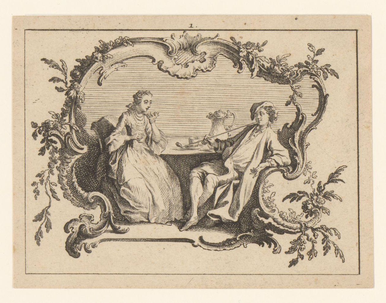 Mujer y hombre fumando una pipa en la mesa en un cartucho Fumadores en adorno rococó (título de la serie) de Johann Esaias Nilson