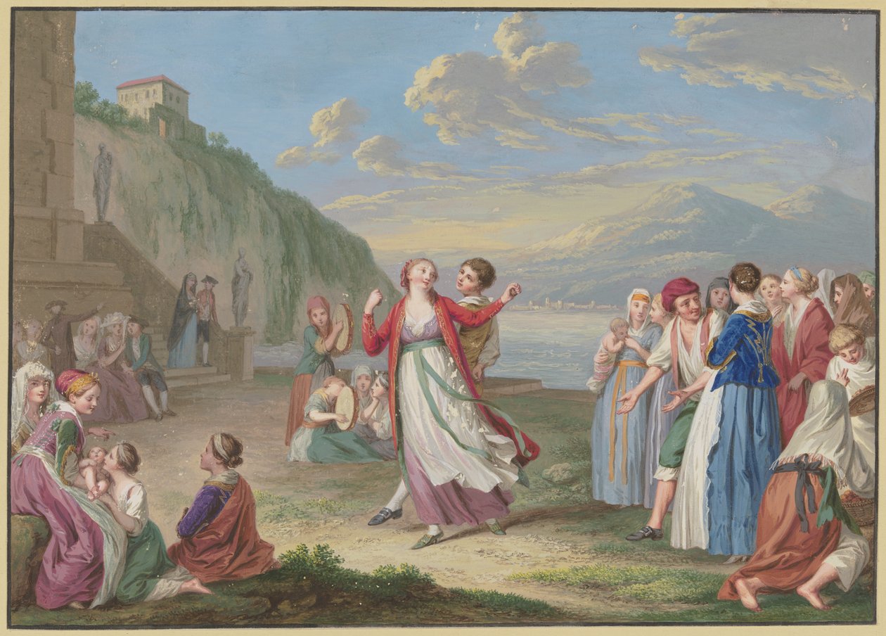 Campesinos italianos se entretienen a orillas del lago con juegos y bailes, altas montañas al fondo de Johann Friedrich August Tischbein