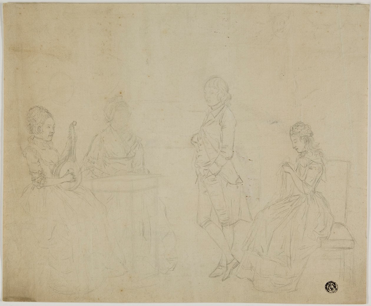 Boceto de grupo familiar con tres mujeres sentadas y un joven de pie de Johann Friedrich August Tischbein