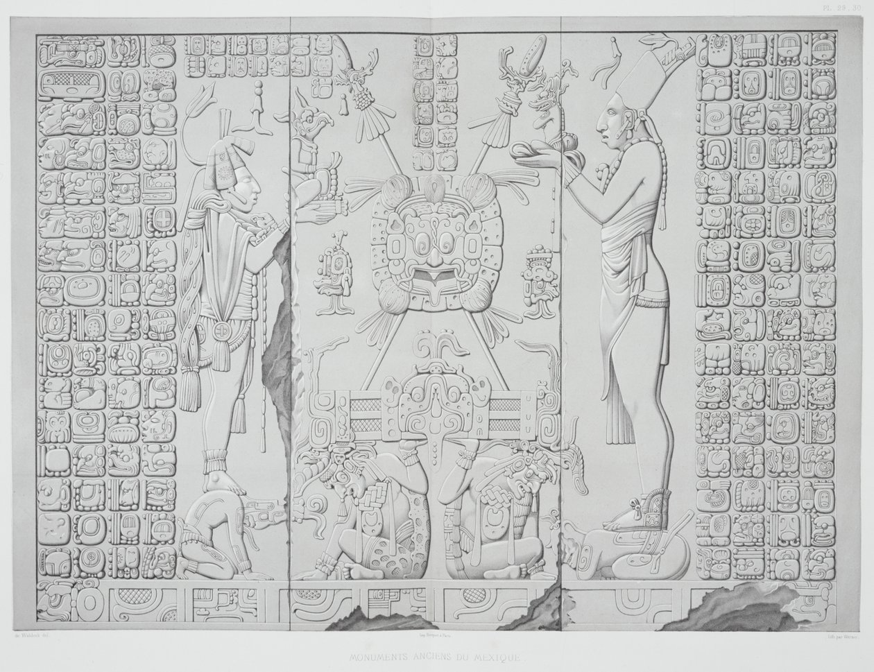 Relieve que representa a un sacerdote con ofrendas del Santuario del Templo del Sol, Palenque, láminas 29 y 30 de Monumentos Antiguos de México, grabado por Werner, 1866 de Johann Friedrich Maximilian von Waldeck