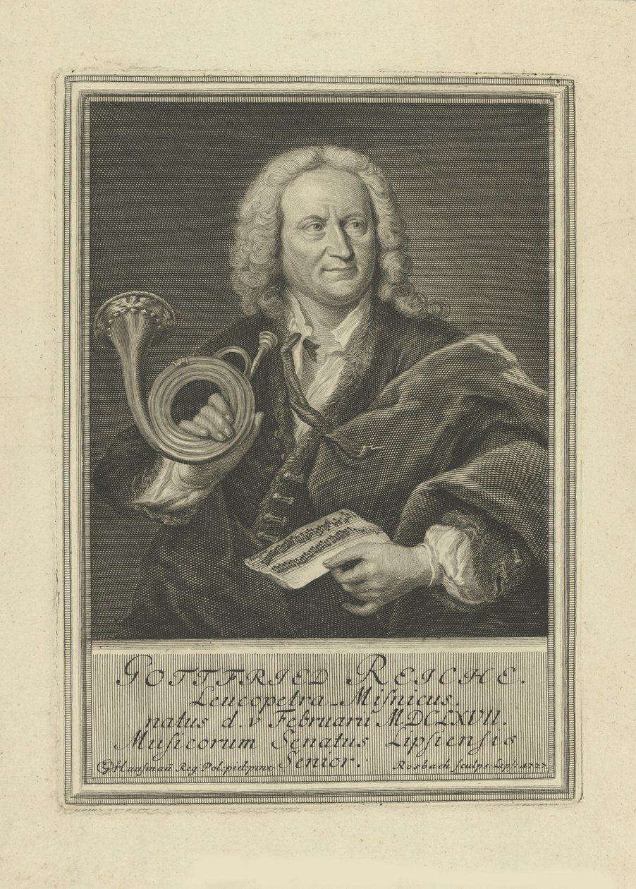 Retrato del trompetista y compositor Gottfried Reiche 1667-1734, 1727 de Johann Friedrich Rosbach