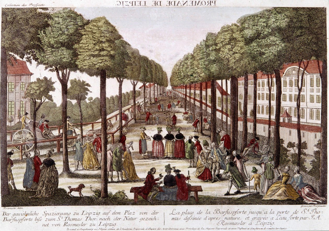 El paseo de Leipzig a finales del siglo XVIII. Grabado de Rosmesler & Bergmuller de Johann Georg Bergmuller