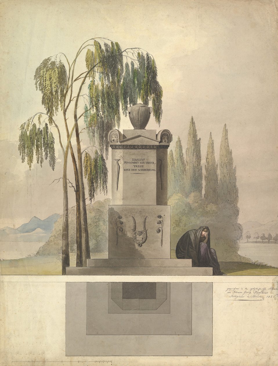 Diseño para una tumba, Rothgeisser en Núremberg Elevación y plano de planta, 1826 de Johann Georg Dürschner