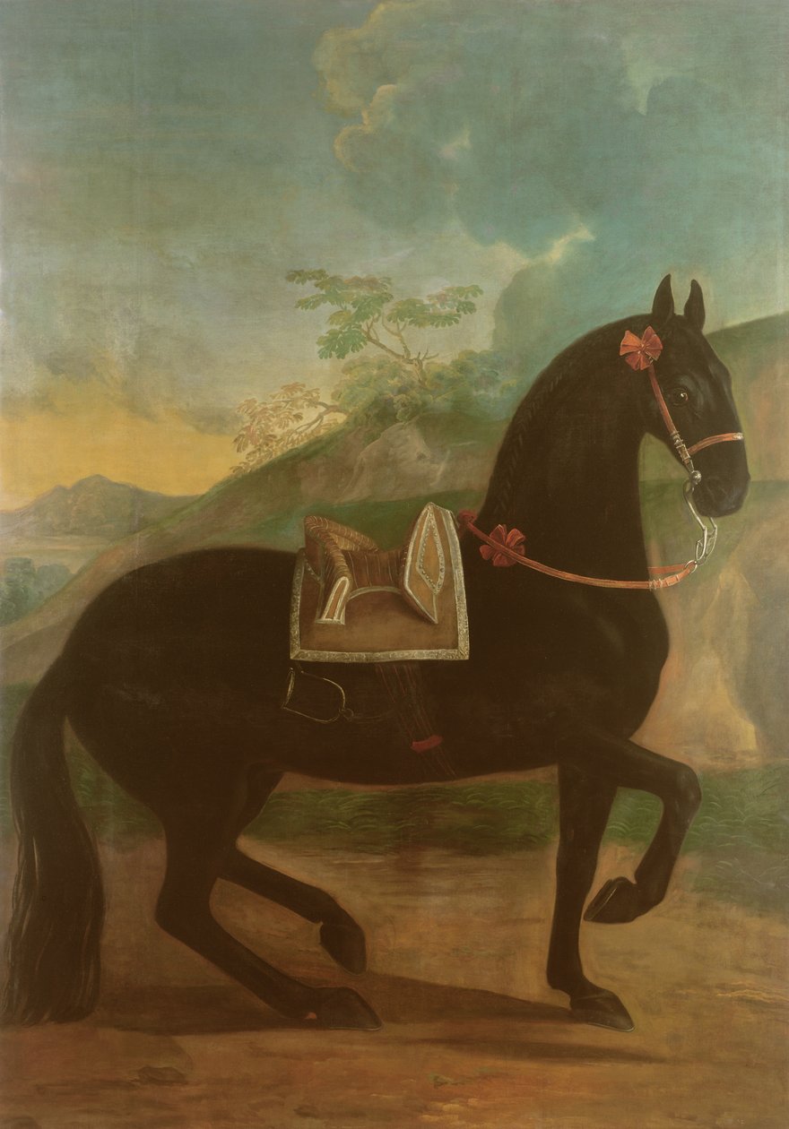 Un caballo negro con silla española de Johann Georg Hamilton