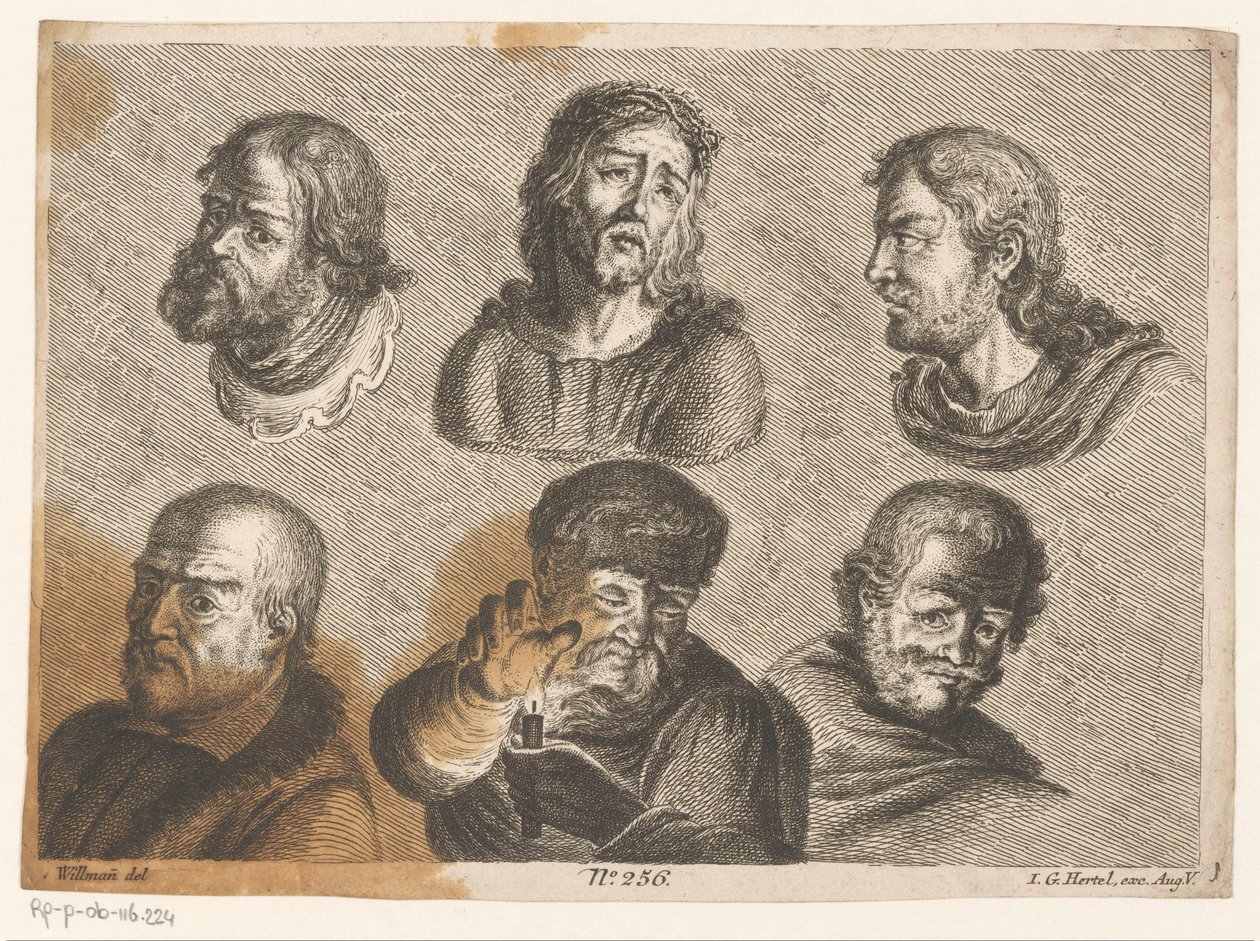 Seis cabezas de hombres, incluido Cristo y un hombre con vela. de Johann Georg Hertel (I) (possibly)