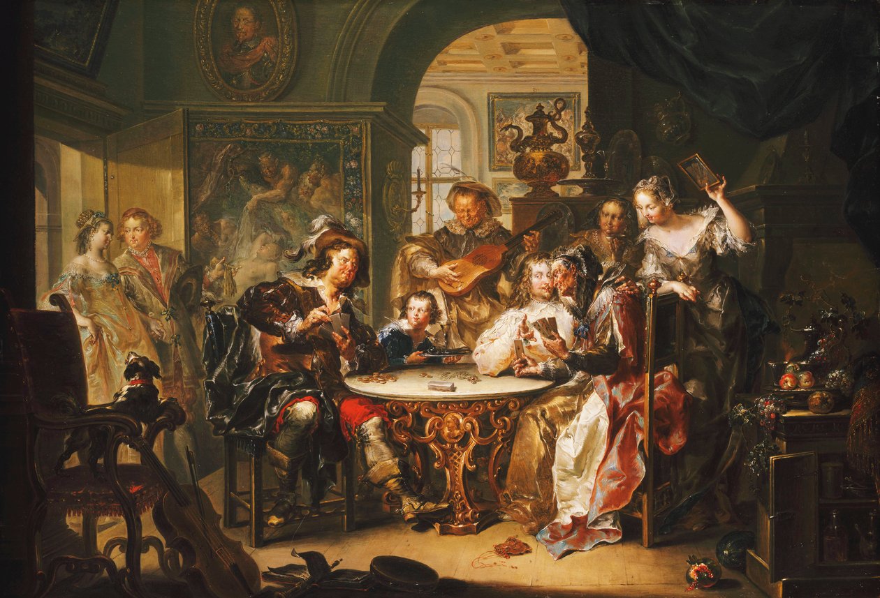 Un caballero haciendo trampa en las cartas con una anciana en un interior suntuoso de Johann Georg Platzer