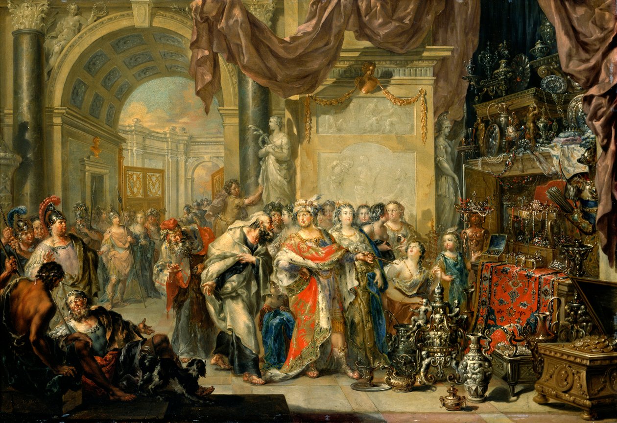 ""Cresus (596-546 avant JC) montre ses tresors a Solon (640-558 av. JC)"" - Croesus and Solon - Oil on copper by Johann Georg Platzer (1704-1761) - State Art Gallery, Dresden de Johann Georg Platzer