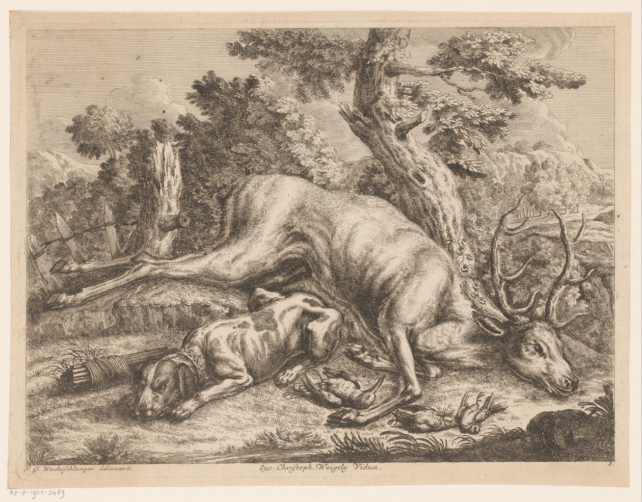 Perro de caza y botín con ciervos y pájaros. Botas de caza (título de la serie) de Johann Georg Wachsschlunger