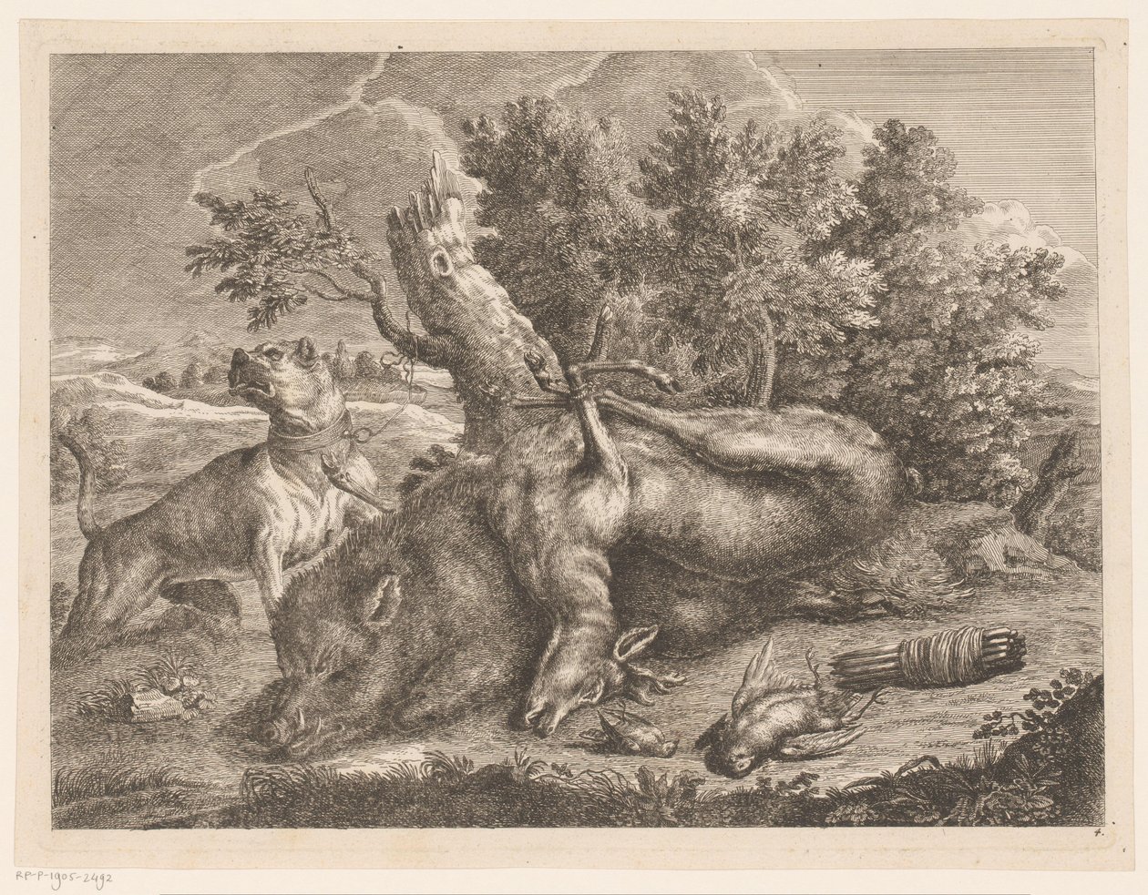 Perro de caza y botín con jabalíes, ciervos y pájaros. Botas de caza (título de la serie) de Johann Georg Wachsschlunger