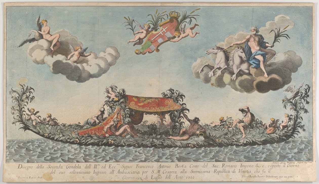 La segunda góndola altamente ornamentada de Francesco Antonio Berka entrando en Venecia, 1700 de Johann Georg Wolfgang