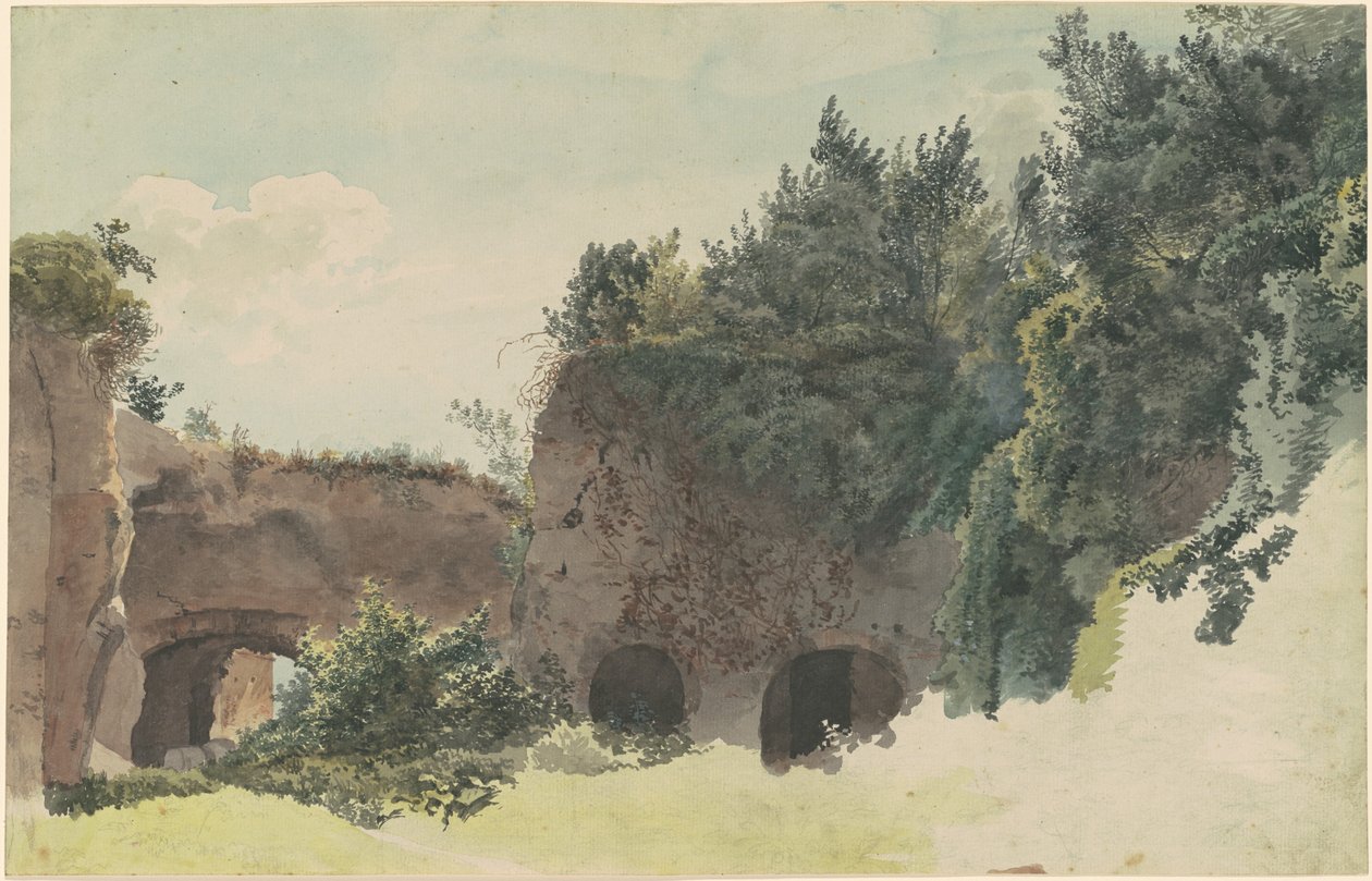 Ruinas romanas antiguas cubiertas de árboles y arbustos de Johann Gottfried Klinsky