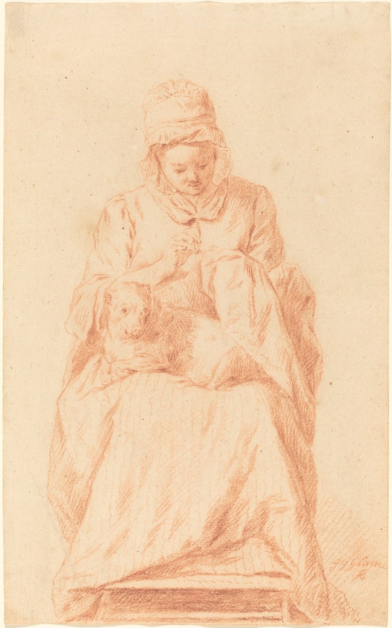 Joven cosiendo con un perro descansando en su regazo de Johann Gottlieb Glume