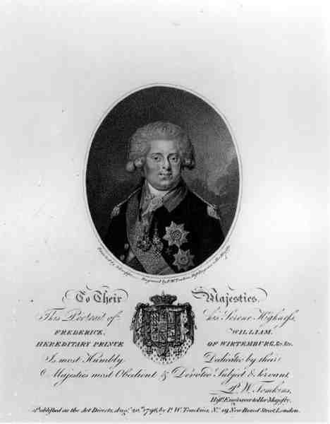 Retrato de Federico Guillermo III (1770-1840), Príncipe Heredero de Wirtemburg, grabado por Peltro William Tomkins (c.1759-1840), publicado por P.W.Tomkins, 20 de agosto de 1796 de Johann Gottlieb after Schweppe