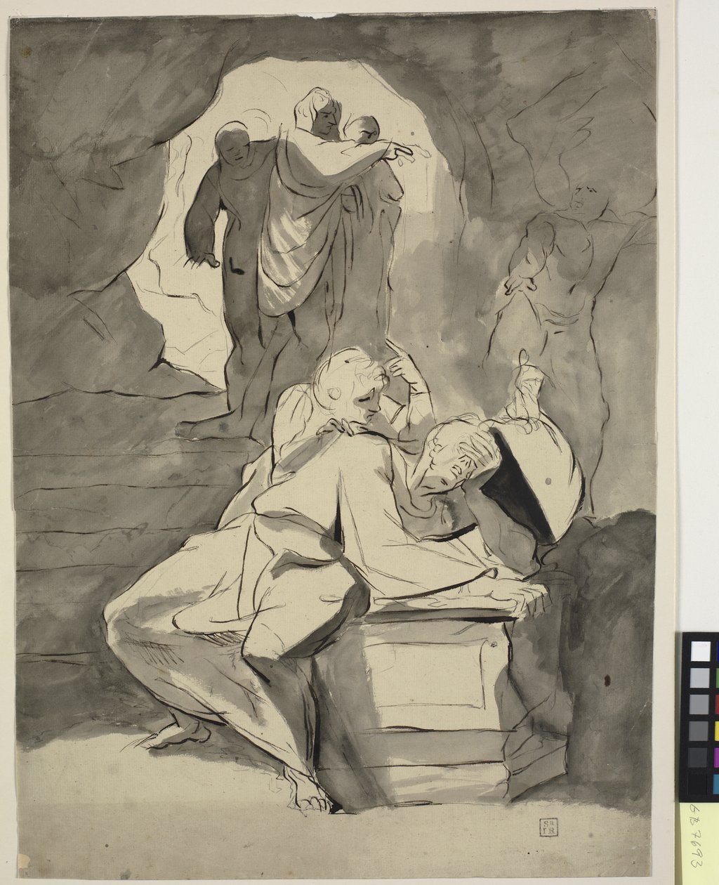 Un hombre en desesperación sobre una lápida en una cueva con otras figuras de Johann Heinrich Füssli
