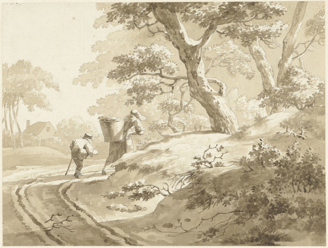 Paisaje con una mujer y un niño en un camino rural de Johann Heinrich Keller (II) (possibly)
