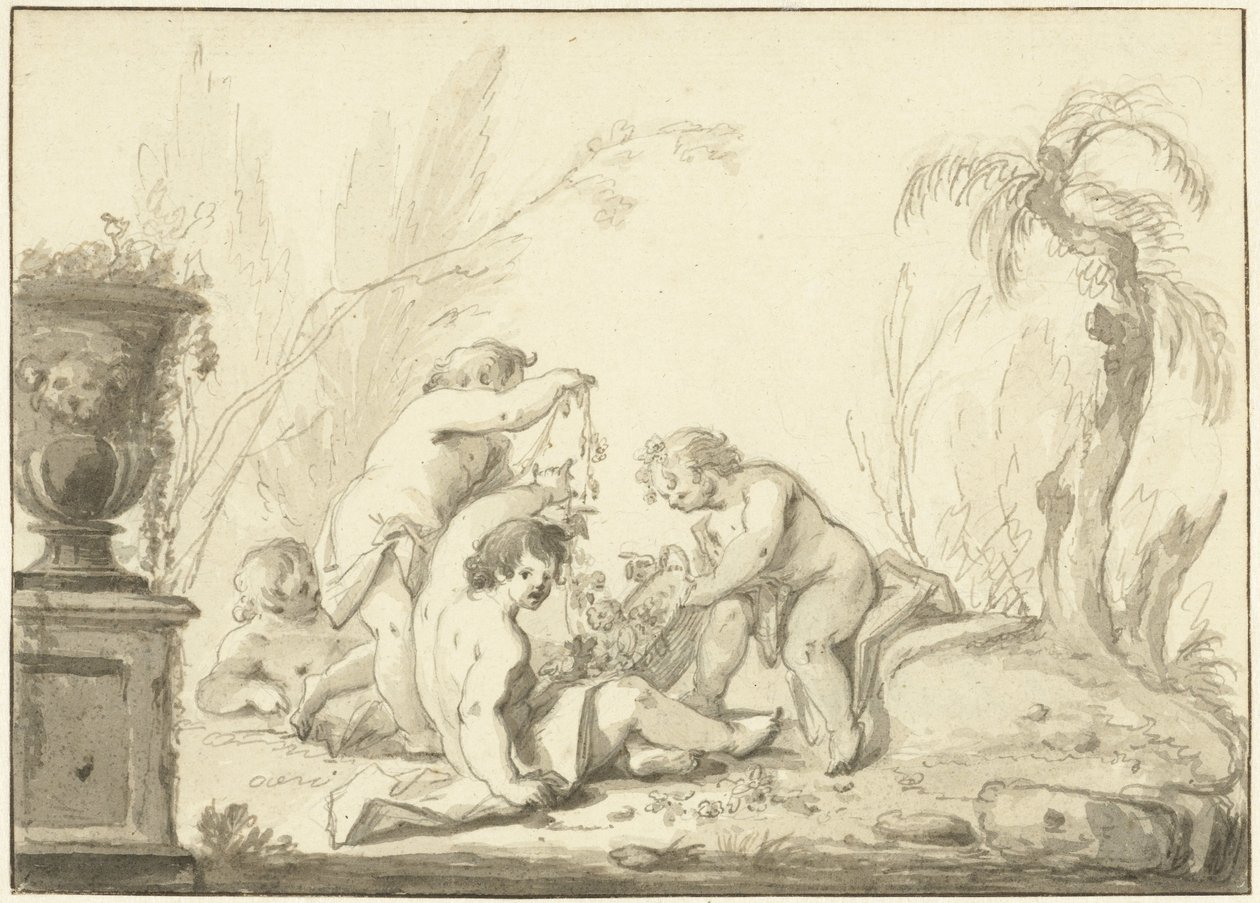 Representación alegórica con niños con canasta de flores de Johann Heinrich Keller (II)