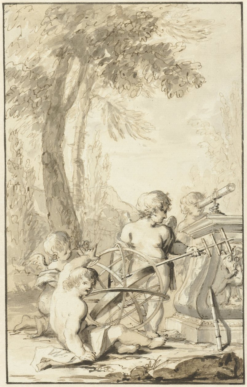 Representación alegórica con niños jugando con instrumentos astronómicos de Johann Heinrich Keller (II)