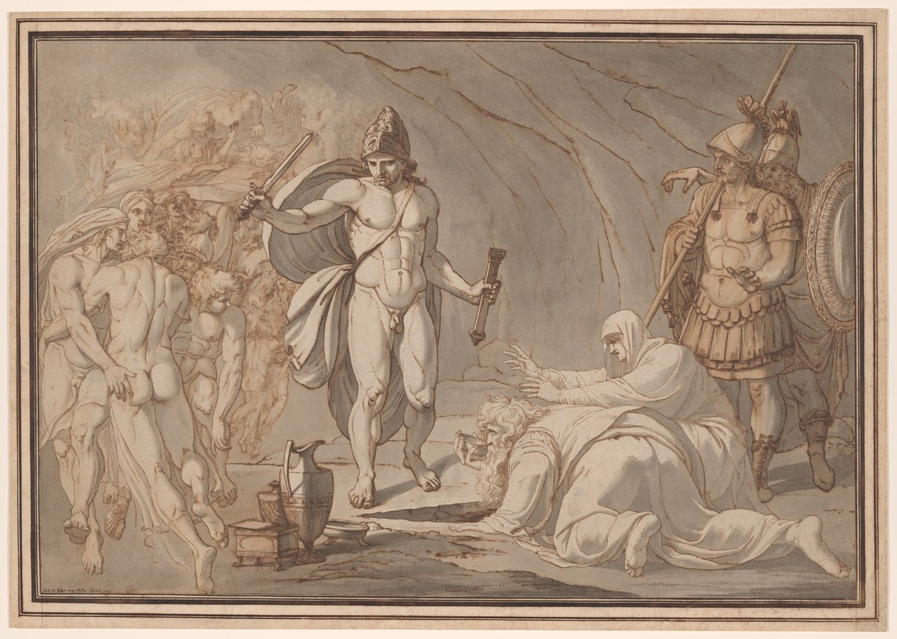 Odiseo, a las puertas del Hades, se encuentra con las sombras de Tiresias y Anticlea de Johann Heinrich Lips