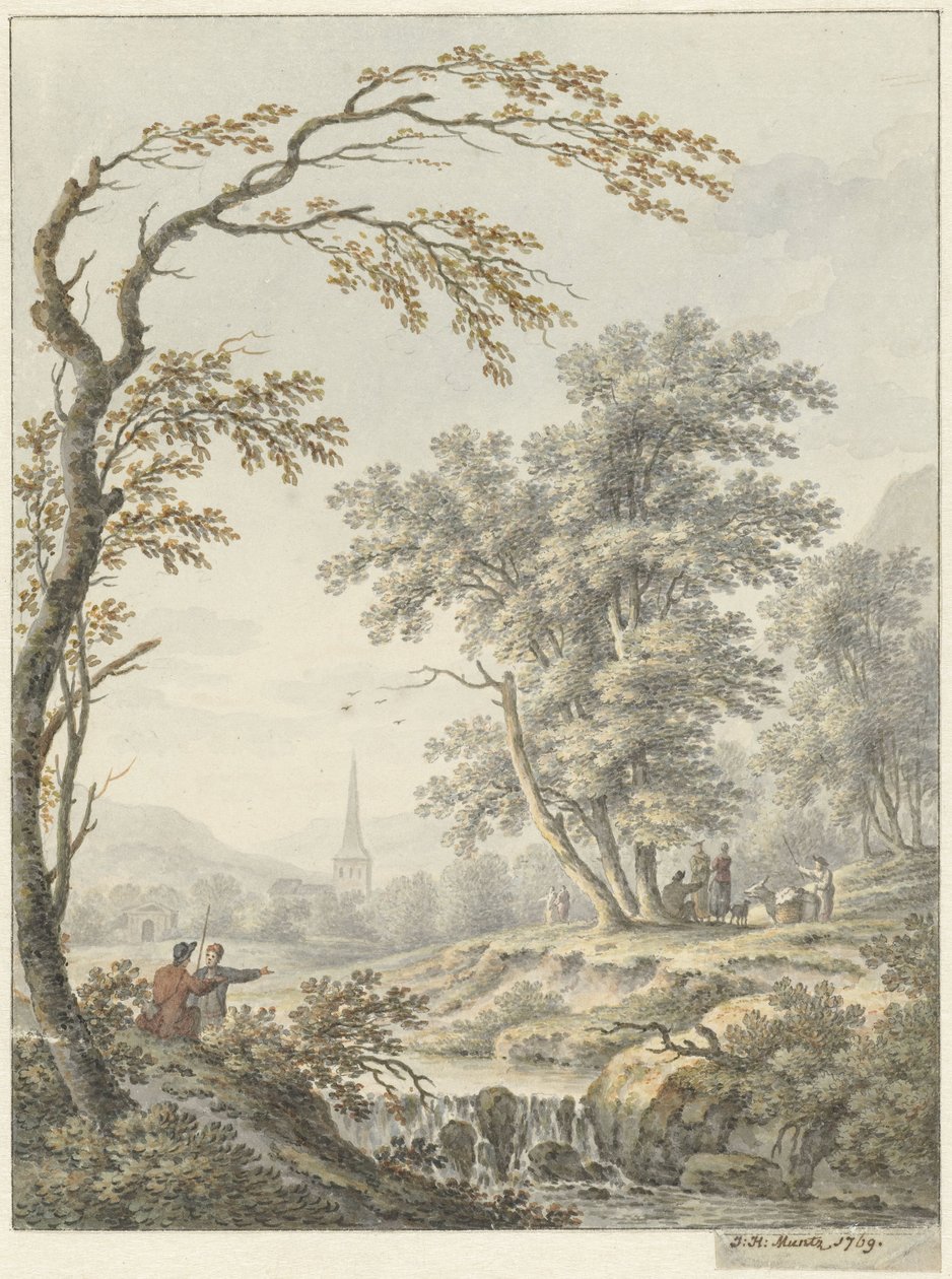 Paisaje con una cascada y una iglesia a lo lejos. de Johann Heinrich Muntz