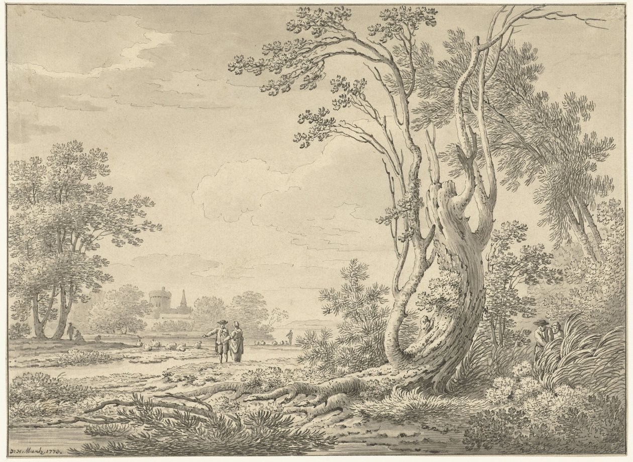 Paisaje del sur con castillo, ganado y caminantes de Johann Heinrich Muntz