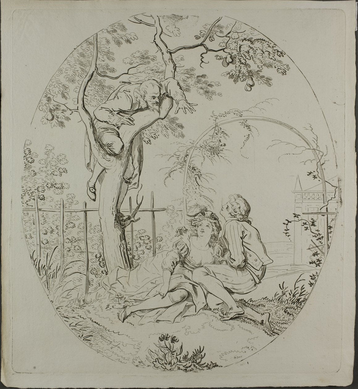 Hombre barbudo que espía a sus amantes bajo un árbol de Johann Heinrich Ramberg