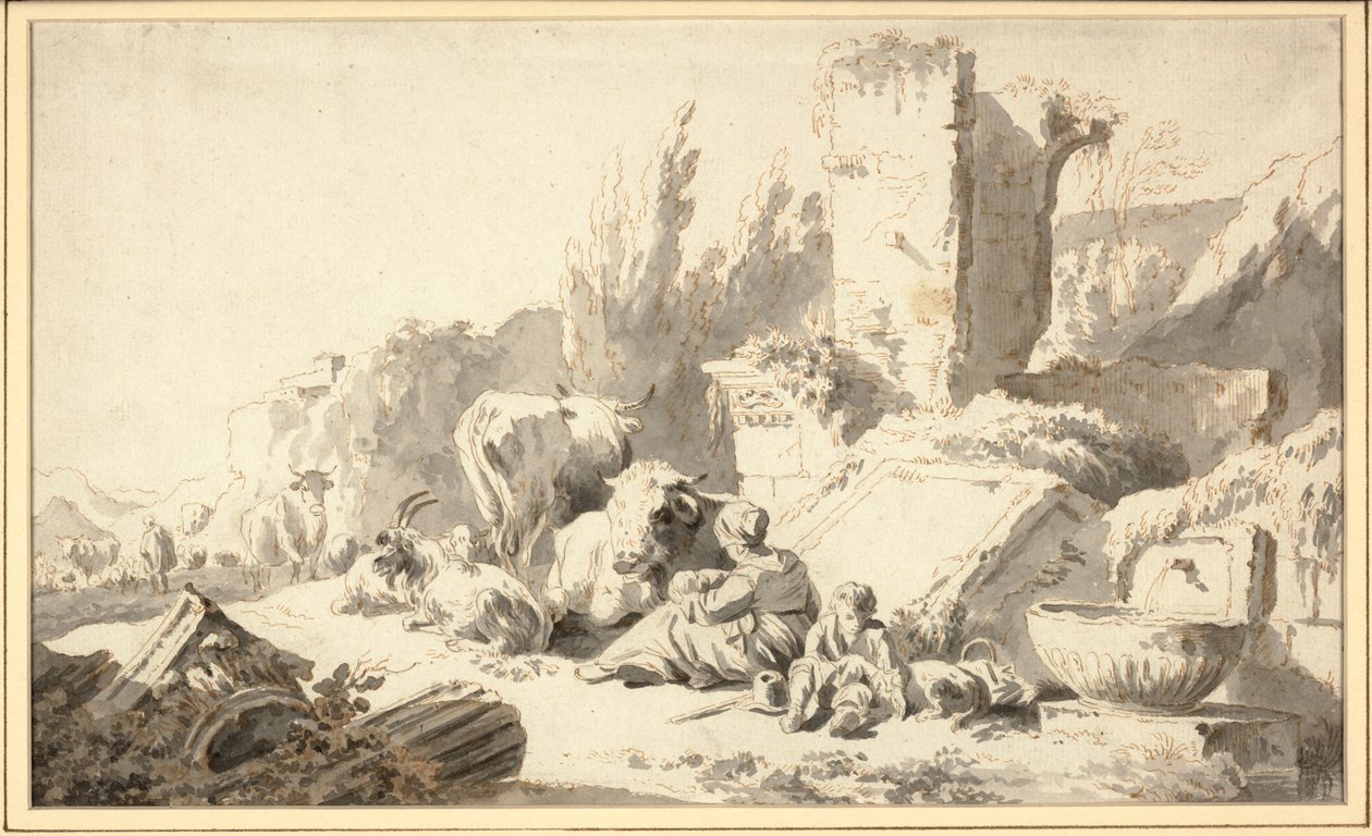Un arriero con su familia y ganado junto a ruinas clásicas de Johann Heinrich Roos
