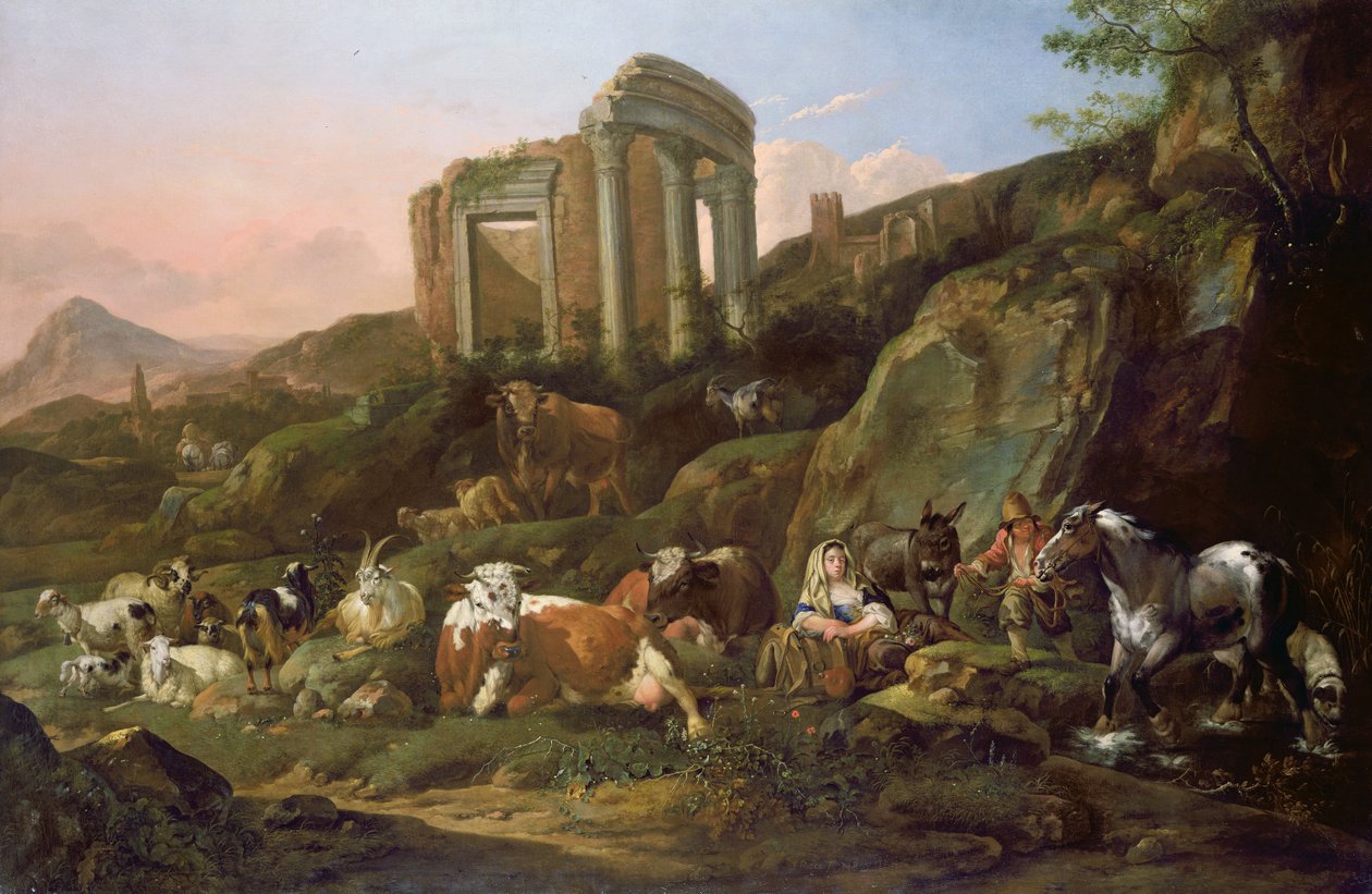 Animales de granja en un paisaje clásico, 1684 de Johann Heinrich Roos