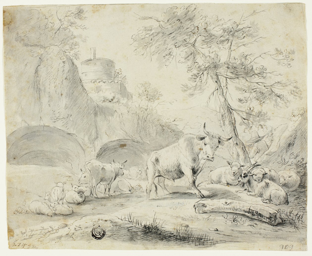 Paisaje con pastor y ovejas, cabra, ganado de Johann Heinrich Roos