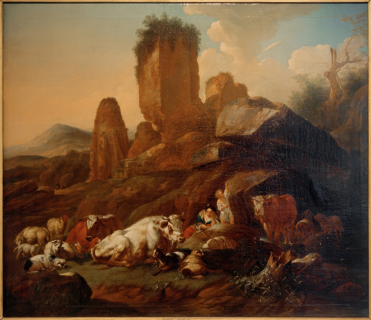 Pastora descansando y ganado de Johann Heinrich Roos