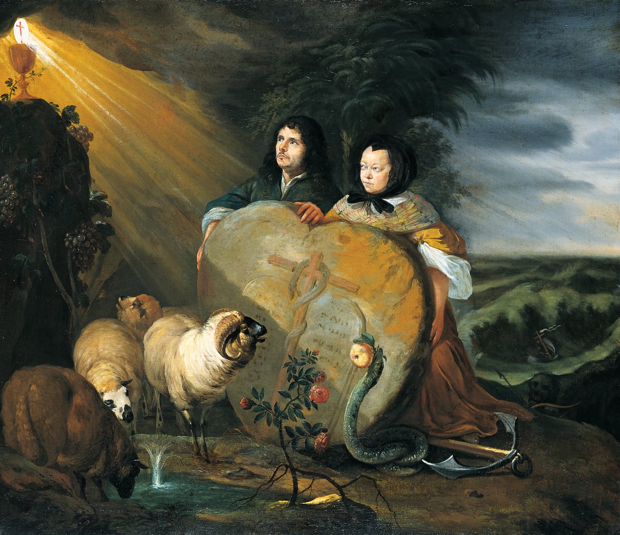 Autorretrato (?) con su esposa y símbolos de la fe cristiana de Johann Heinrich Roos