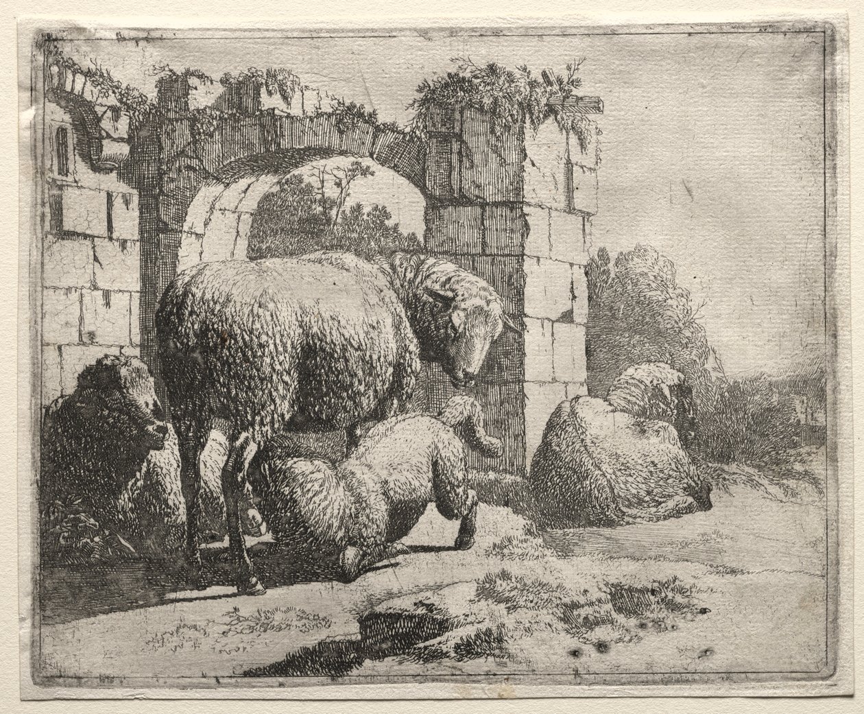 Ovejas cerca de las ruinas de un arco de Johann Heinrich Roos