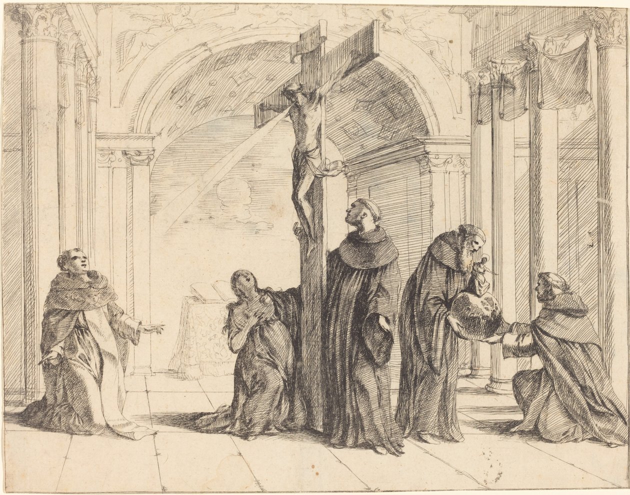 Un crucifijo en una iglesia con Santos Tomás de Aquino, María Magdalena, Alberto Magno y otros de Johann Heinrich Schönfeld